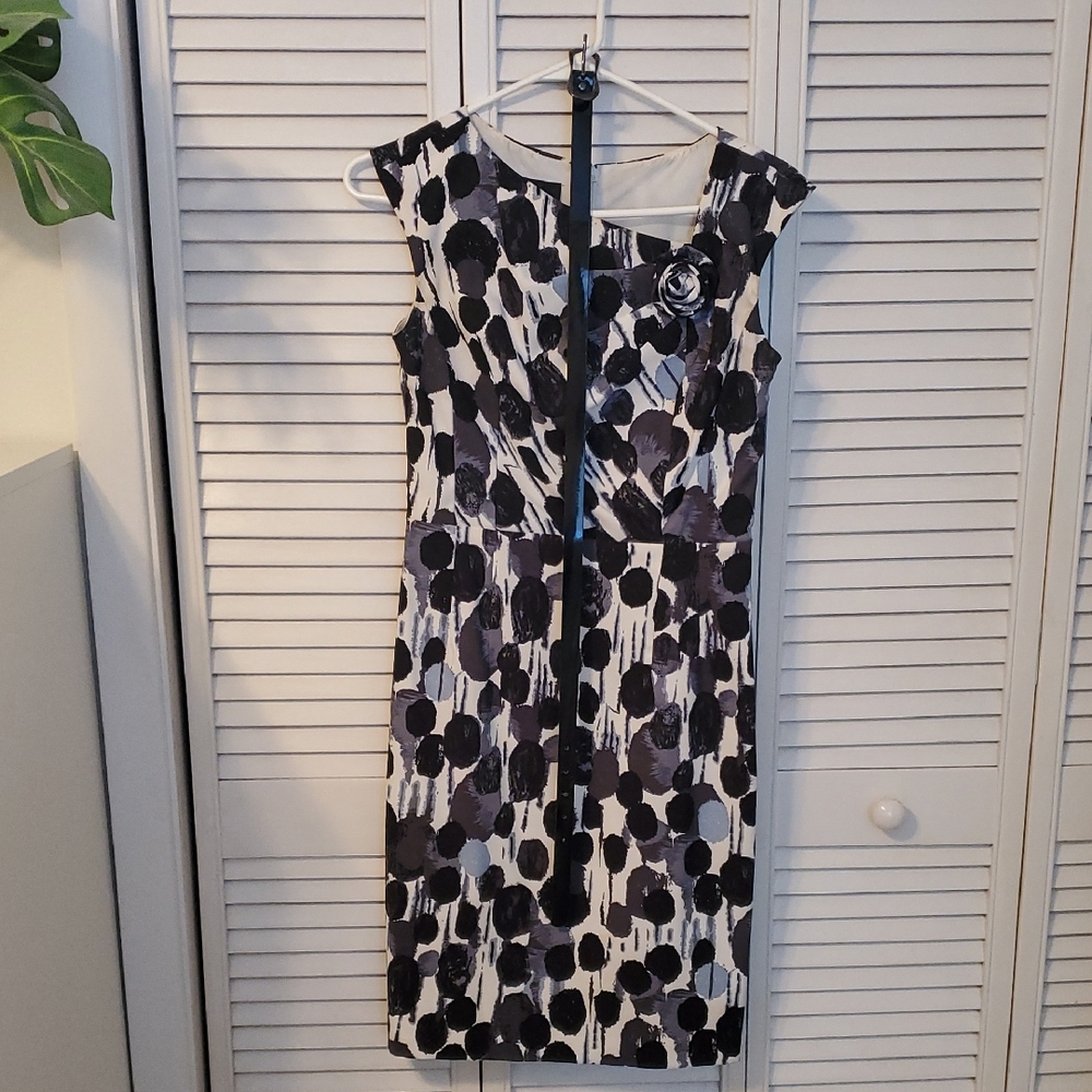 AB Studio Black Navy White Artistic Graphic Rosette Asymmetrical Pencil Dress 2